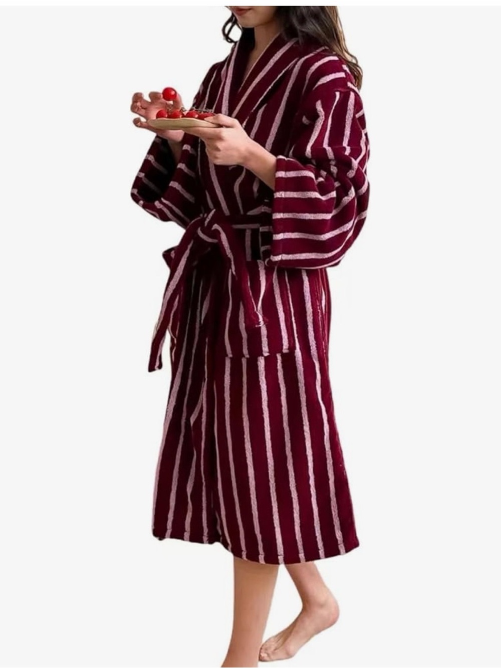 Plush Stripe Kimono Robe - Burgundy/White